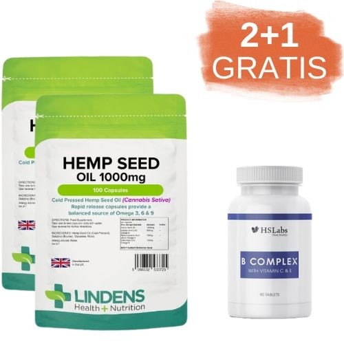 2x 100 kapsul Lindens Olje konopljinih semen 1000 mg + DARILO 1x 90 tablet HS Labs Vitamin B Complex