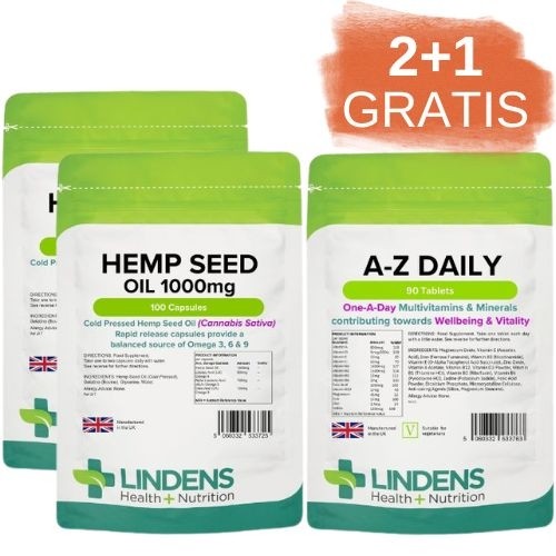 2x 100 kapsul Lindens Olje konopljinih semen 1000 mg + DARILO 1x 90 tablet Lindens Multivitamini in minerali A-Z za vsak dan