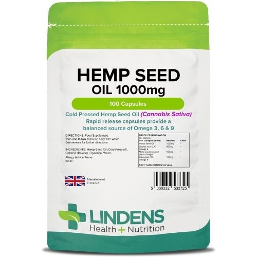 Lindens Hempseed Oil – Olje konopljinih semen 1000 mg, 100 kapsul - uravnotežen vir Omega 3 & 6